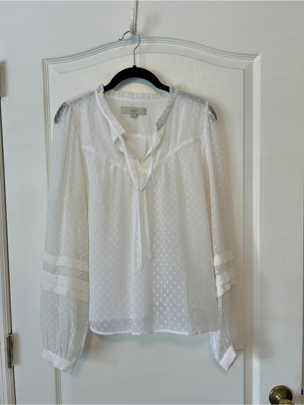LOFT White Swiss Dot Tie-Neck Blouse
